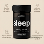 Frasco de gomitas relajantes Zamna Sleep sobre fondo beige. Infografía con 4 beneficios: Facilita el inicio del sueño, calma la mente sin sedación, regula el ritmo sueño-vigilia y no genera dependencia ni somnolencia residual.